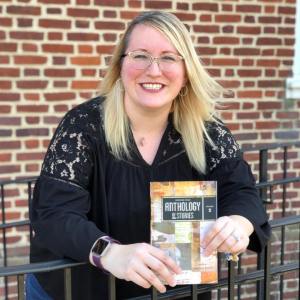 Cindy hair blowing with book